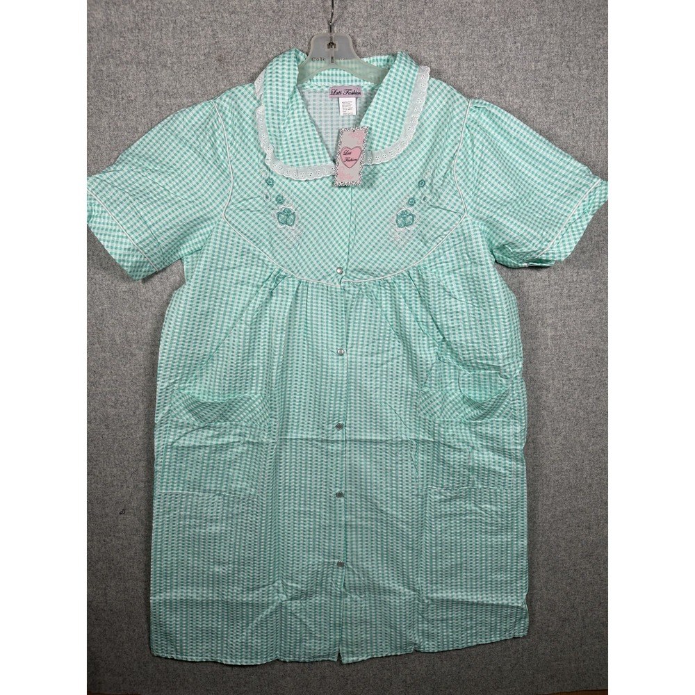 NEW Lati Fashion Womens House Dress Large Gingham Green Short Sleeve Vintage